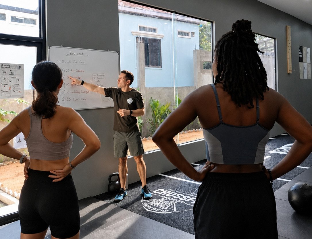 Coach briefing a bootcamp class at CrossFit Angkor, Siem Reap