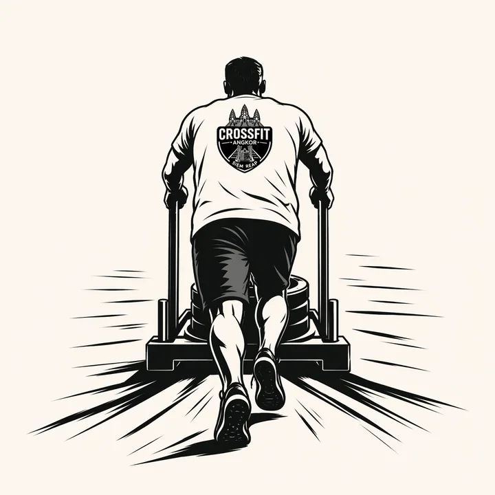 Illustration of a hybrid athlete pushing a sled